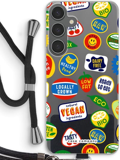 Case Company® - Hoesje met koord geschikt voor Samsung Galaxy S24 Plus hoesje met Koord - Fruitsticker - Telefoonhoesje met Zwart Koord - Bescherming aan alle Kanten en Over de Schermrand