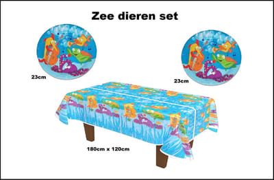 Zeedieren diner set - 1x Tafelkleed zeedieren 180cm x 120cm + 16x Bord zeedieren fun 23cm - Sealife verjaardag thema feest