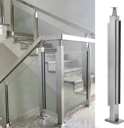 Glazen paneel paal - RVS balustrade - Terras afscheiden - Glas zonder boren - 5x5cm profiel - Zilver geborsteld