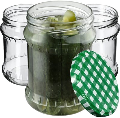 KADAX Inmaakpotten, 500 ml, bewaarpotten met schroefdeksel, inmaakpotten, jampot, voorraadpot, conservenglas, ronde potten (groen geruit, 8 stuks)