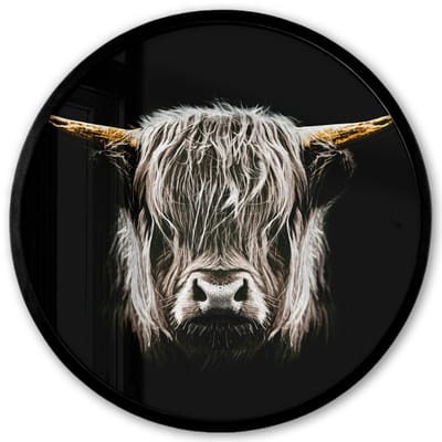 Poster in lijst Rond - Fotolijst 40x40 cm - Posters - Schotse hooglander - Goud - Hoorns - Zwart wit - Koe - Dieren - Ronde posterlijst zwart - Decoratie - Wanddecoratie woonkamer - Muurdecoratie slaapkamer