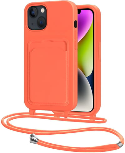 Hoes Geschikt voor iPhone 13 Hoesje Pasjeshouder Cover Met Koord Case Siliconen Hoes Met Telefoonkoord en Kaarthouder - Papaya