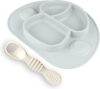 Nevi Kinderbord met Zuignap - Siliconen Babybord met Vakjes en Lepel - BPA vrij - Grijs