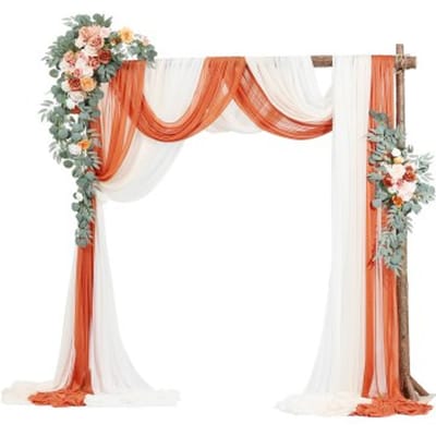 VEVOR Wedding Arch, oranje bloemen voor trouwboog met gordijnen (5-pack) - 2 bloemstukken, 3 transparante gordijnen, voor ceremonieboeketten, receptiedecoratie