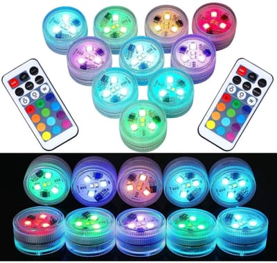 GELLDG 10 stuks waterdichte theelichtjes - mini onderwaterverlichting - RGB multicolor - LED vijververlichting - met afstandsbediening - feestelijke decoraties - geschikt voor aquaria, vazen, badkuipen, bruiloften