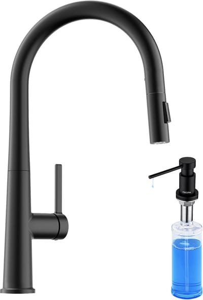 CECIPA Max Keukenkraan met Uittrekbare Uitloop - Met Zeepdispenser 300ML - Keukenmengkraan - 2 straalsoorten - 360 Draaibaar Kraan - Uittrekbaar - Flexibele Slang - Zwart