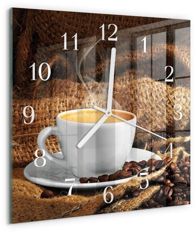 Tulup Wandklok - Koffiebonen Wandklok Glas Met Motief - 30x30 cm - Bruin Decoratieve Glazen Klok - Witte Handen - Vierkante Wandklok - Gekleurde Glazen Klok - Glazen Klok Met Print