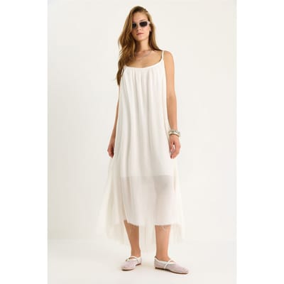 Effen Spaghetti Band Muslin Midi Jurk met Doorzichtige Zoom