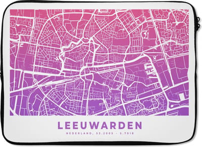 Laptophoes 14 inch - Stadskaart - Leeuwarden - Nederland - Paars - Laptop sleeve - Binnenmaat 33x23 cm - Zwarte achterkant