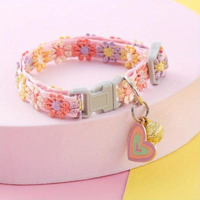 Collier Chat Fleur Arc-en-ciel Mode avec Clochette Collier Chaton Chiot Boucle Réglable Dentelle Colorée Collier Chaton Accessoires Chien