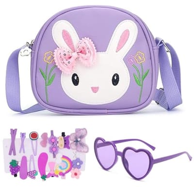 Ultiluxe® Meisjes Schoudertas met Konijntje - Kinder Handtas met Zonnebril en Haarclips - 17 x 15 x 5 cm - Verstelbare Schouderband - Paars/lila