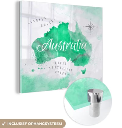 ® Glasschilderij 90x90 cm - Schilderij acrylglas - Australië - Wereldkaart - Waterverf - Foto op glas - Muurdecoratie woonkamer - Wanddecoratie slaapkamer - Schilderijen
