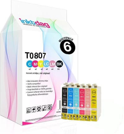 Inktdag huismerk Epson T0807 inktcartridge multipack, 6 packs (1xT0801, 1xT0802, 1xT0803, 1xT0804, 1xT0805, 1xT0806) geschikt voor Epson Stylus Photo P50, PX650, PX660, PX700 W, PX820 FWD, RX585, RX685, R265, RX595, PX830 FWD, RX560, PX810 FW, PX730