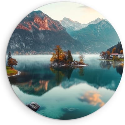 Saammp Muurcirkel Hout - Natuur - Bergachtig landschap - Ø 90 - Wandcirkel - Wanddecoratie Cirkel - Muurdecoratie Woonkamer - Slaapkamer decoratie - Rond Schilderij