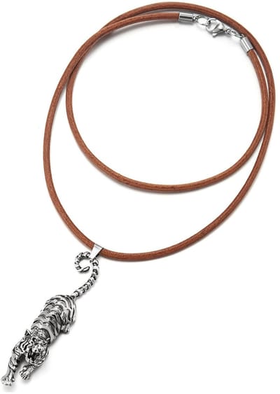 Allecto - Heren halsketting - Brullende tijgerhanger - Bruin leren koord - Metalen legering - Uniek design - Geschikt voor elke gelegenheid - 6,5 c...
