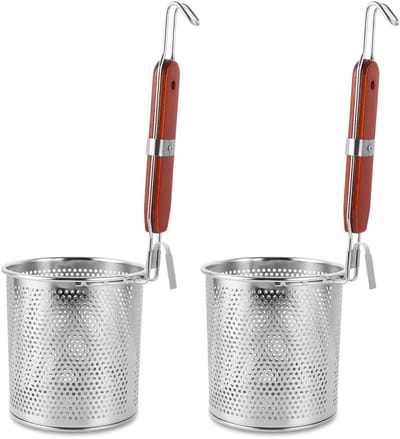 Dailygoody - Pastazeef Roestvrij Staal - Microgeperforeerde Frituurmand - Hittebestendig Houten Handvat - Keukenzeef voor Spaghetti - Vaatwasserbesten