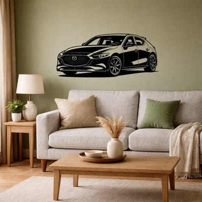 BR2Laser Mazda 3 – Wanddecoratie – Lasergesneden Hout – Autokunst – 35 cm Breed