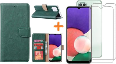 Hoesje Geschikt Voor Samsung Galaxy A22 5G hoesje bookcase Groen Met screenprotector / 2X tempered glass