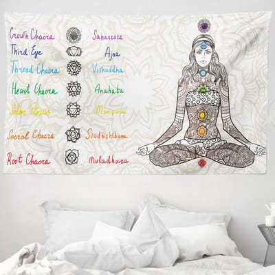ABAKUHAUS Chakra Wandtapijt en Sprei, Schets Yoga Meisje, 230 x 140 cm, Multicolor