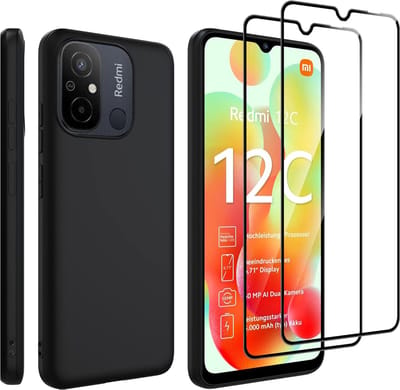 Casemania Hoesje Geschikt voor Xiaomi Redmi 12C - Zwart - met 2X Glazen Screenprotector - Siliconen Back Cover