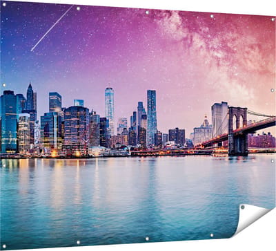 Gards Tuinposter New York Skyline met een Kleurrijke Hemel - 160x120 cm - Tuindoek - Tuindecoratie - Wanddecoratie buiten - Tuinschilderij
