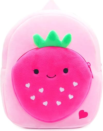 BoefieBoef Aardbei Kinder Rugzak – Pluche Peuter- Kleuter rugtas 0-5 Jaar – Groente & Fruit is Gezond & Fit – Ergonomisch & Wasbaar – Baby Backpack – Jongens & Meisjes – Schooltas, Gymtas, Peuterspeelzaal & BSO – Cadeau Verjaardag - Carnaval - Roze