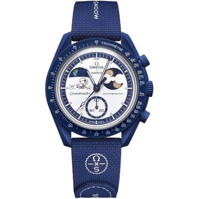 Swatch x Omega Bioceramisch Maanmissie Naar Aardefase Maanschijn Snoopy Goud Maïs Maan Heren Horloges Blauw SO33N702L White Dial gray