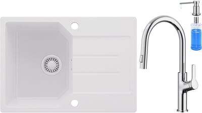 Anycee MAX Spoelbak Keuken Wit - Granieten Spoelbak 65x45CM - Spoelbakken Keuken Met keukenkraan met uittrekbare uitloop en Zeepdispenser - Spoelbakken Met Afdruip - Opbouw Spoelbak