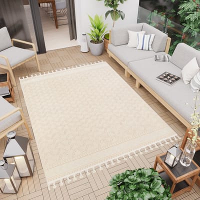Tapiso Rio Loop Vloerkleed Outdoor Beige Buiten Boho Terras Tuin Franjes Maat- 140x200