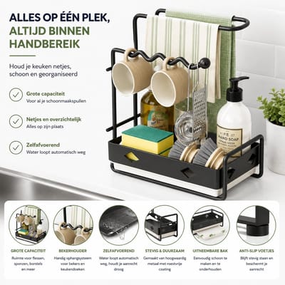 Arvion Keukenspoelbakorganizer met Theedoekhouder - Sink Caddy - Opbergrek voor Spons, Borstel en Doeken - Zwart