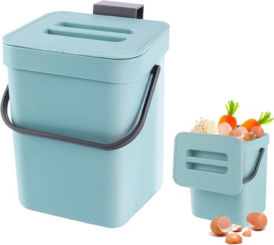 compostemmer voor de keuken, vuilnisemmer, hangende bio-afvalemmer, vuilnisemmer voor werkblad, container met deksel, compostbak, voor binnen, 3 l, blauw