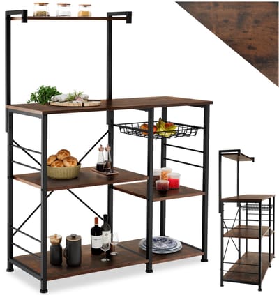 tectake® Keukenrek met 6 houten planken - Bakkersplank met draadmand - Staande plank voor potten, pannen, magnetron - Industrieel design - Zwart metalen frame - Afmeting (LxBxH) 90x40x131,5 cm - Donkerbruin