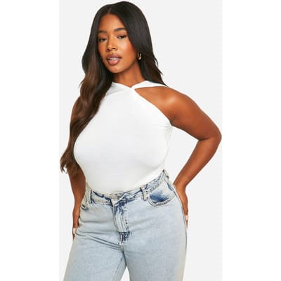 boohoo Dames Plus Twist Racer Top met Asymmetrische Halslijn | Wit | Maat: 54