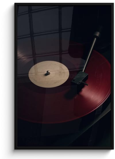Poster in lijst - Fotolijst 80x120 cm - Posters - Vinylplaat - Rood - Platenspeler - Naald - Posterlijst zwart - Decoratie - Wanddecoratie woonkamer - Muurdecoratie slaapkamer
