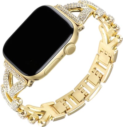 Stravo Luxe Dames Horlogebandje met Strass – RVS Schakelband – Geschikt voor Apple Watch 42mm (Series 11/10), 41mm (Series 9/8/7), 40mm (Series 6/5/4, SE 3/2/1), 38mm (Series 3/2/1) – Metalen Bandje – Goud