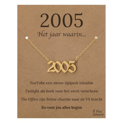 Jaartal 2005 Ketting op Cadeau Kaartje - Goudkleurig Stainless Steel - 45cm - Met informatie over geboortejaar - Pax Amare