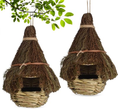 Hangend Vogelnest van Natuurlijke Stro, Set van 2, Handgeweven Nestbox voor Papegaaien en Kleine Vogels, Ideaal voor Buiten en Creatieve Tuinprojecten