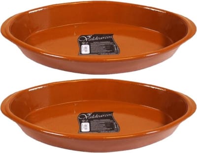 Set van 2x stuks tapas ovenschalen/serveerschalen ovaal terracotta Fontein 5 liter - Tapas serveerschalen/borden/ovenschalen
