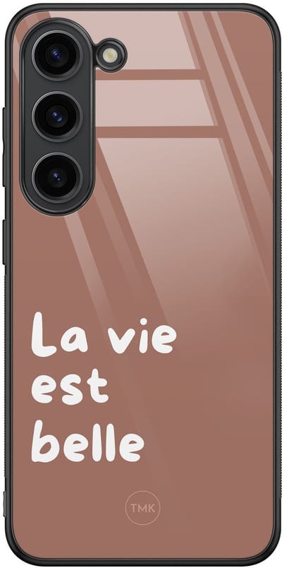 Hoesje geschikt voor Samsung Galaxy S23 - La vie est belle - Bruin - TPU luxe case (glossy toplaag) - Tekst - Hardcase backcover zwart