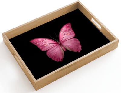 Dienblad hout 40x30 cm - Schootdienblad - Vlinder - roze - Elegant - Borrelplank rechthoek - Plateau dienbladen