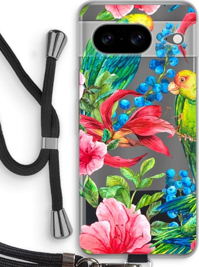 Case Company® - Hoesje met koord geschikt voor Google Pixel 8 hoesje met Koord - Papegaaien - Telefoonhoesje met Zwart Koord - Bescherming aan alle Kanten en Over de Schermrand