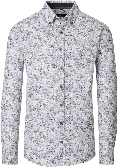 CASA MODA Sport casual fit overhemd - twill - wit met blauw en beige dessin - Strijkvriendelijk - Boordmaat: 39 - 40