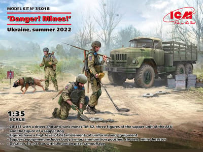 ICM Modelbouwpakket Militaire voertuigen - 35018 Danger! Mines! Ukraine - summer 2022 - Zil-131 Truck met Figuren Plastic - 1:35 - Modelbouw