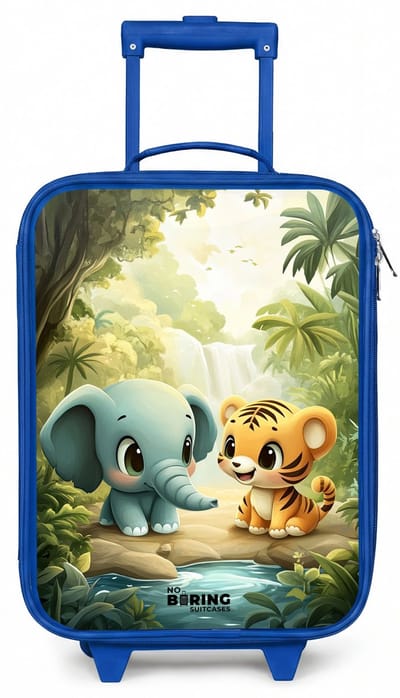 NoBoringSuitcases.com® - Kinderkoffer blauw - Kindertrolley jongen - Olifant - Tijger - Bos - Jungle - Koffer kind lichtgewicht - Reiskoffer trolley voor kinderen - Koffertje met lichtgevende wieltjes - Rolkoffer