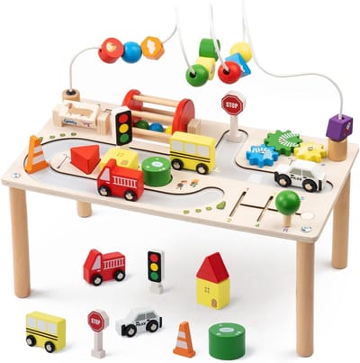 Activiteiten Tafel - Leerzame Activiteiten Tafel voor Kinderen - Bruin met veelkleurige educatieve artikelen