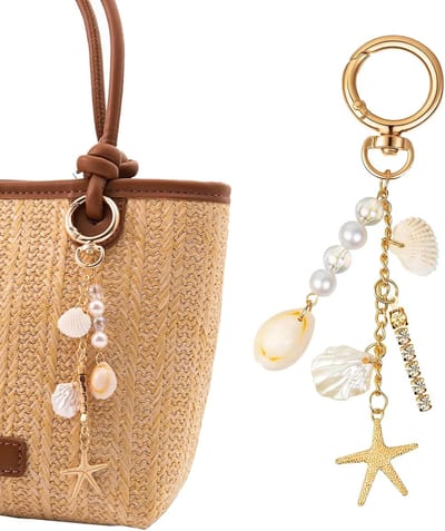 Thijox - Zeester Sleutelhanger met Parels voor Tas - Gouden Schelpen Bedel - Esthetische Sleutelhanger voor Meisjes - Zomer Accessoire - Oceaan Thema