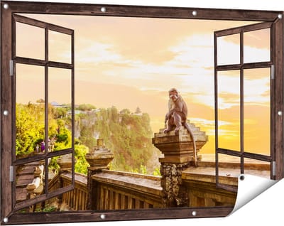 Gards Tuinposter Doorkijk Aap op de Uluwatu Tempel in Bali - 120x80 cm - Tuindoek - Tuindecoratie - Wanddecoratie buiten - Tuinschilderij