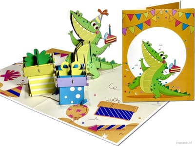 Popcards pop-up kaarten – Superleuke Verjaardagskaart met feestvierende Krokodil met cadeaus | Felicitatie, Verjaardag Jarig pop-up kaart 3D wenskaart