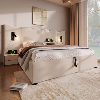 VVBV Gestoffeerd Opbergbed 160x200 cm - USB-C, Hydraulische Opbergruimte, Lattenbodem, Leeslamp, Nachtkastje, Zonder - 890B
