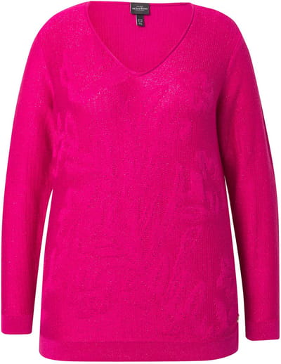 Ulla Popken - Dames - Trui jacquardmotief V-hals lange mouwen - Magenta - Maat 42+